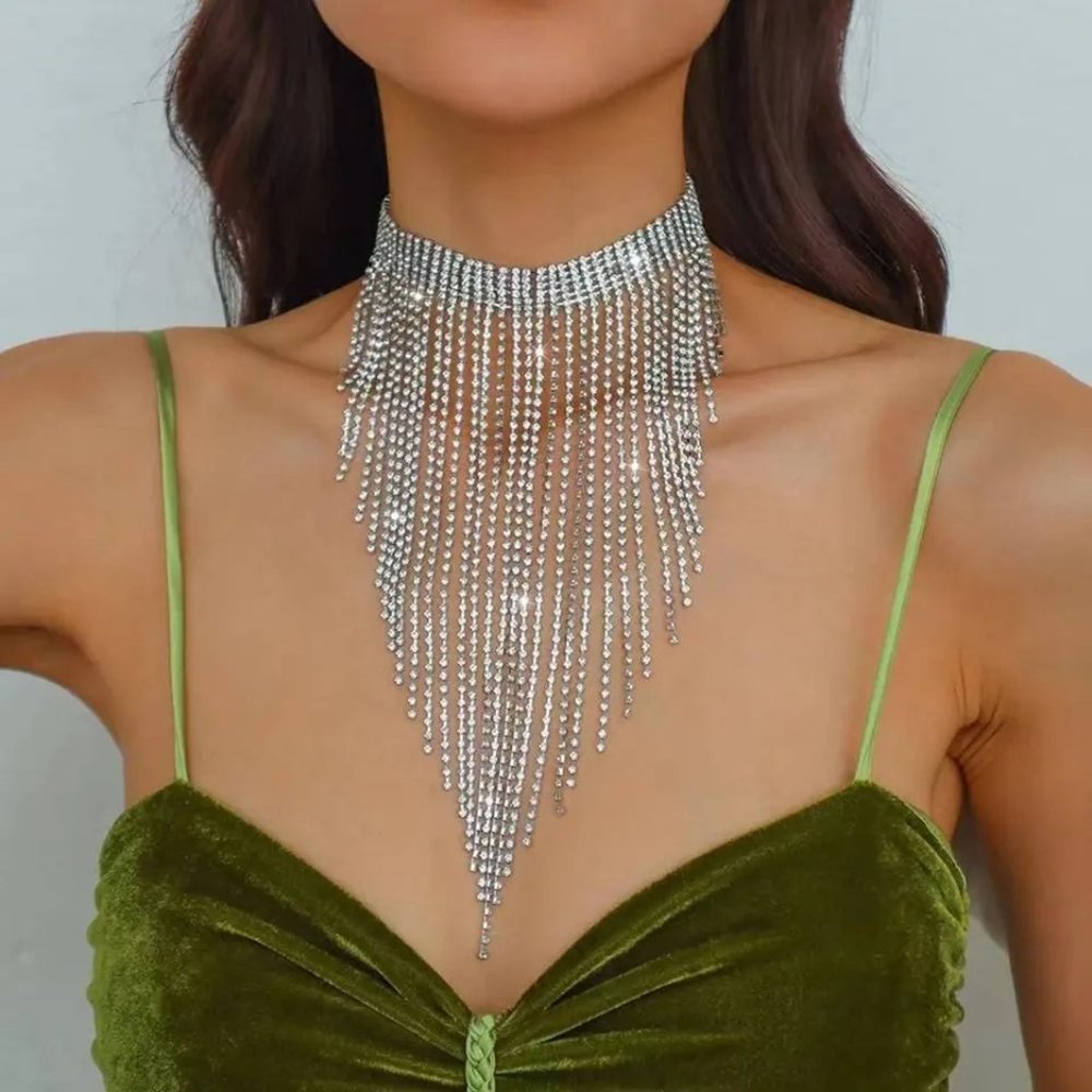 Bling Silver Crystal Long Drop Tassel Choker Necklace - Party Evening‎ Statement - Picture 2 of 9